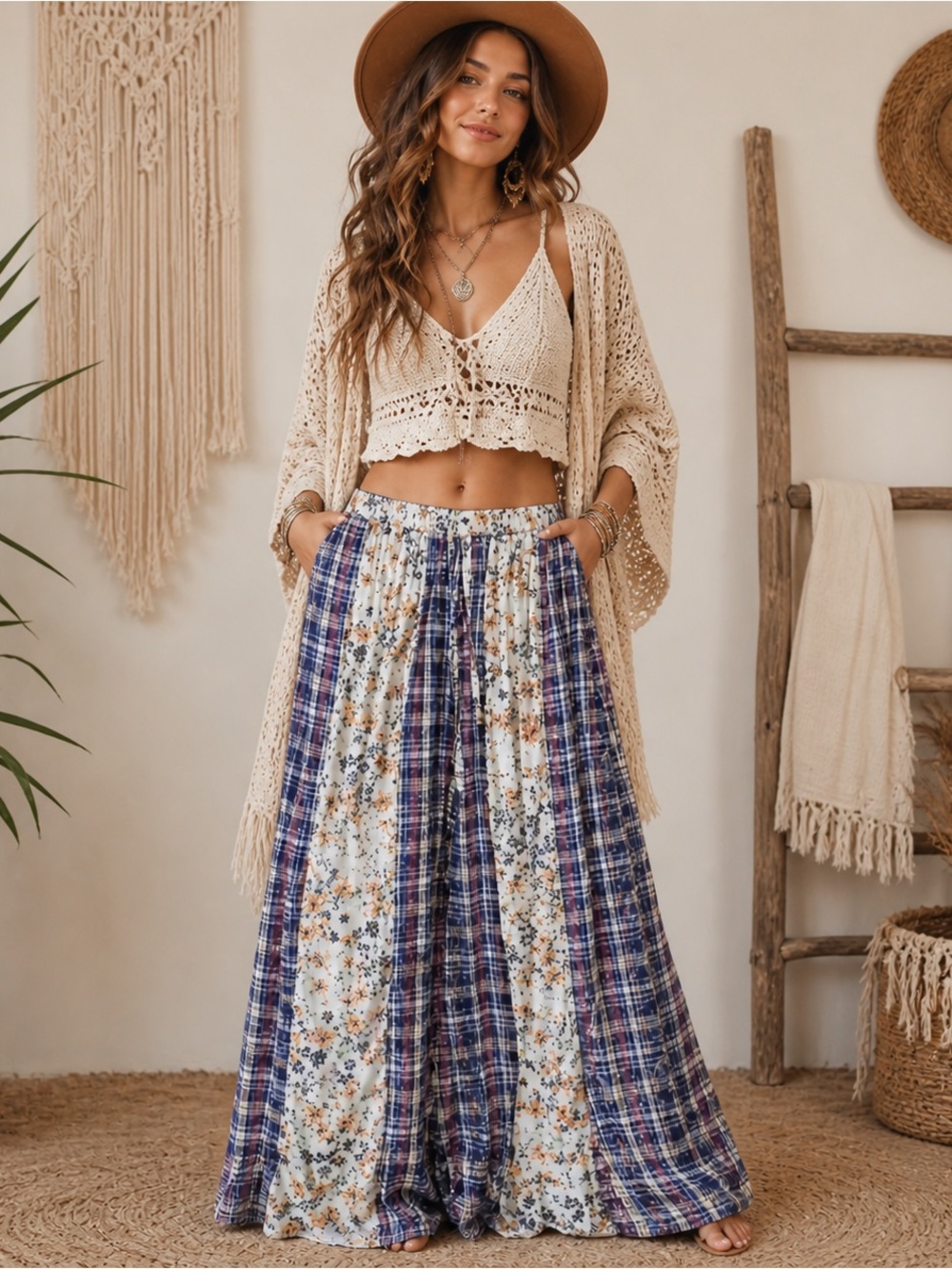 POL Boho Patchwork Wide Leg Pants Floral Plaid Bohemian Festival Pants Med NWT - Picture 2 of 10